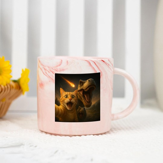 Funny Cat Dino Selfie Meteor Meme Surreal Apocalyp Marble Mugs