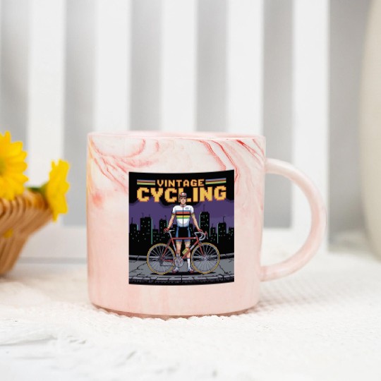 Vintage Cycling Retro Pixel Cyclist in Urban Scene Marble Mugs