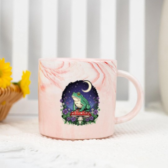 Green Frog on Red Mushroom - Starry Night Marble Mugs