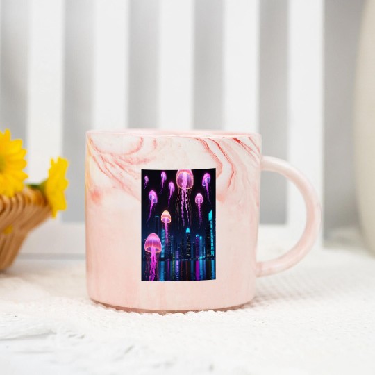 Neon Jellyfish Over Cyber City Marble Mugs