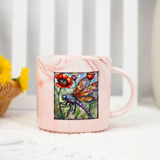 Dragonfly stained glass poppy flower insect eye Marble Mugs
