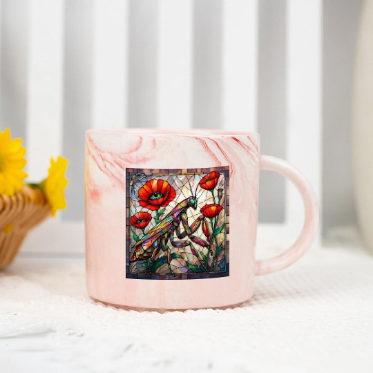 Praying mantis stained glass vibrant poppy flower Marble Mugs