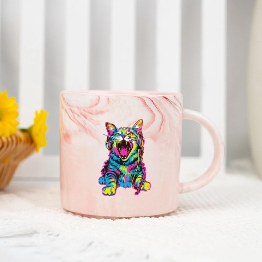 Psychedelic Cat with Headphones in Vibrant Colors Marble Mugs