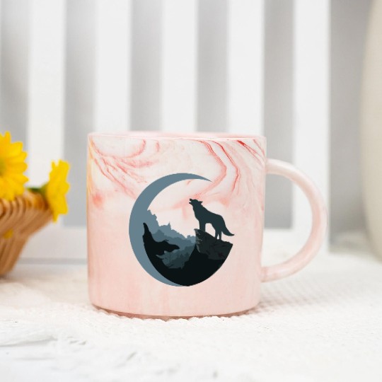 Wolf Moon Silhouette Marble Mugs