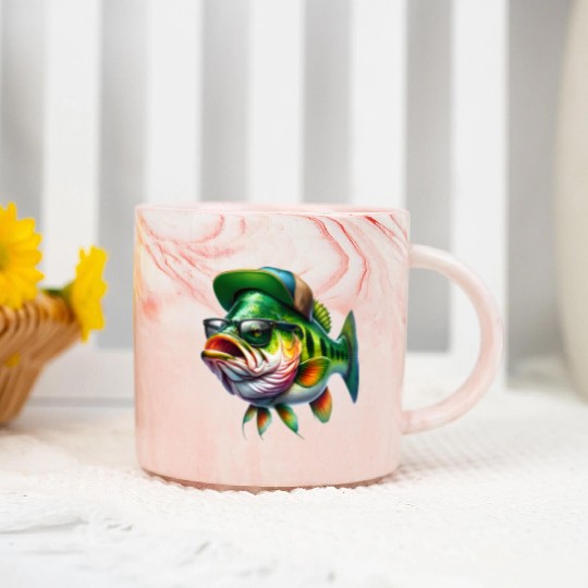 Cool Bass Fish with Green Hat and Glasses Marble Mugs