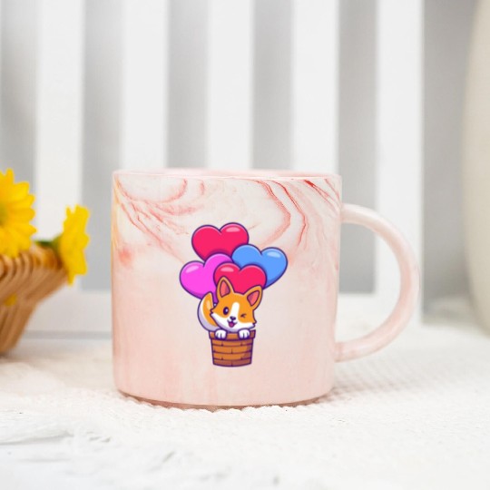 Whimsical Corgi with Heart Balloons Marble Mugs
