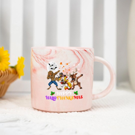 Happy Hallothanksmas Dabbing werewolf Unicorn Deer Marble Mugs