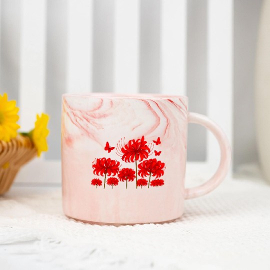 Vivid Red Hibiscus with Butterflies Marble Mugs