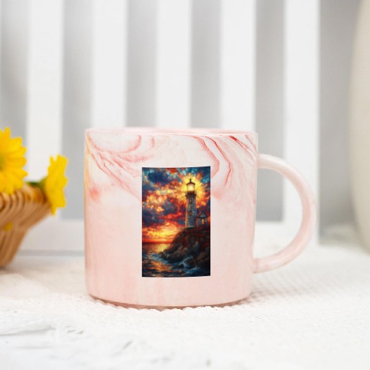 Stained Glass Lighthouse Sunset Marble Mugs