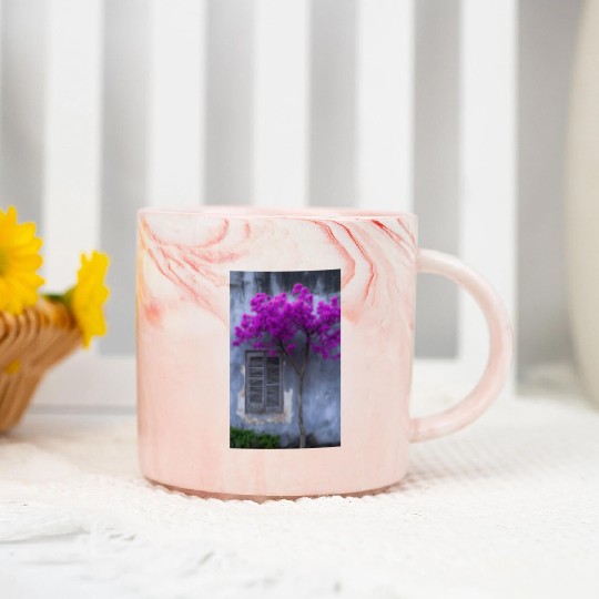 Vibrant Blossom Against Rustic Wall Marble Mugs