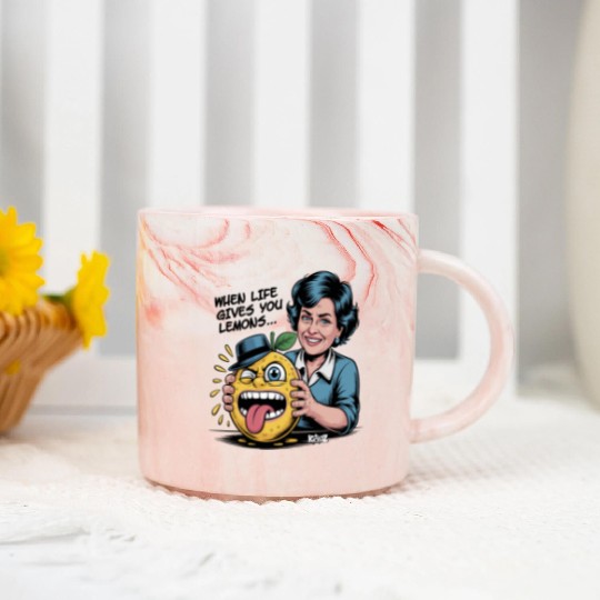 Smiling woman holding sour lemon cartoon face Marble Mugs
