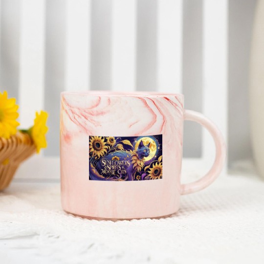 Celestial Cat Among Sunflowers and Moonlit Night Marble Mugs