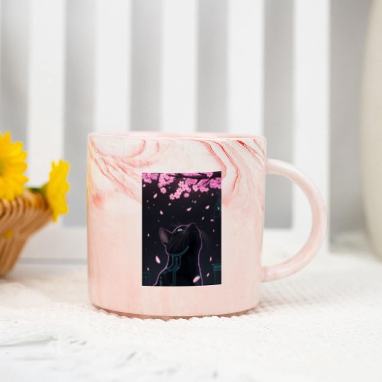 Cyber Cat Blossom Gaze | Noir Futuristic Feline Marble Mugs
