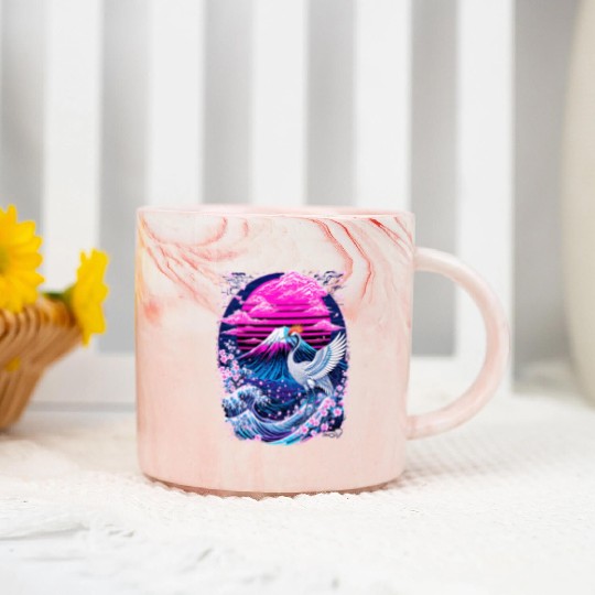 Neon Sakura Crane & Mount Fuji Scene Marble Mugs