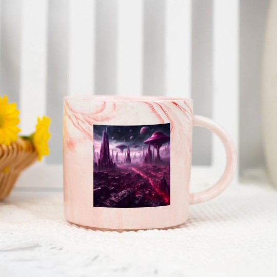 Sci-Fi Future World And Alien City in Neon Pink Marble Mugs