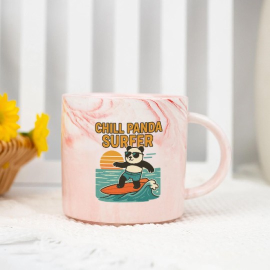 Chill Panda Surfing Sunset Design Marble Mugs