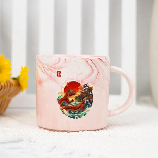 Japanese Dragon and Pagoda Sunset Art Marble Mugs