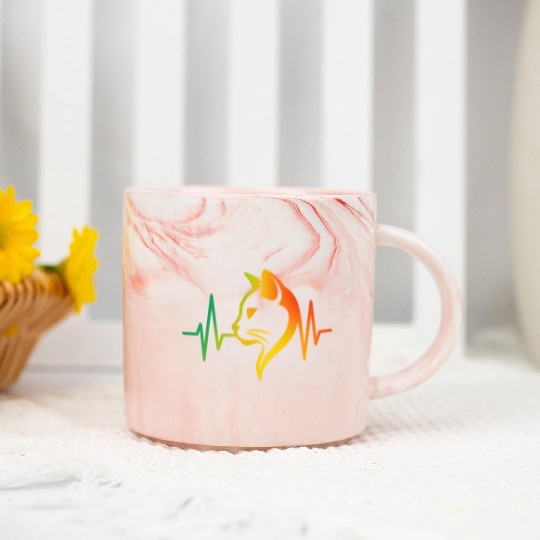 Cool Neon Cat with Glasses and Heartbeat Line Marble Mugs