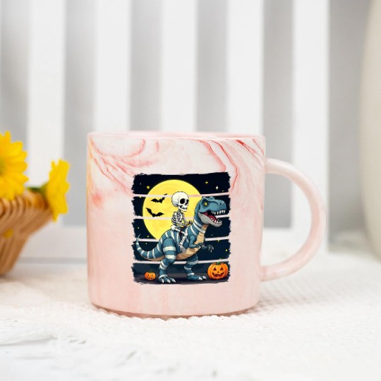Skeleton Riding Mummy Dinosaur Funny Halloween Marble Mugs