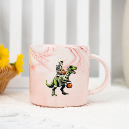 Skeleton Riding Mummy Dinosaur Funny Halloween Marble Mugs