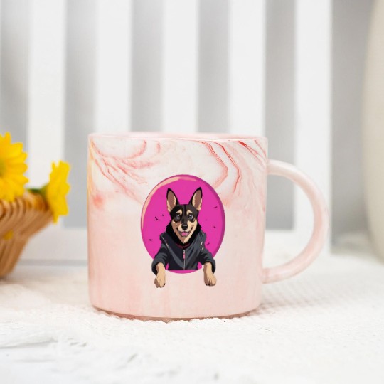 Playful Dog Portrait with Pink Moon Background Marble Mugs