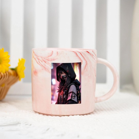 Cyberpunk Hooded Girl with Neon Accents Marble Mugs