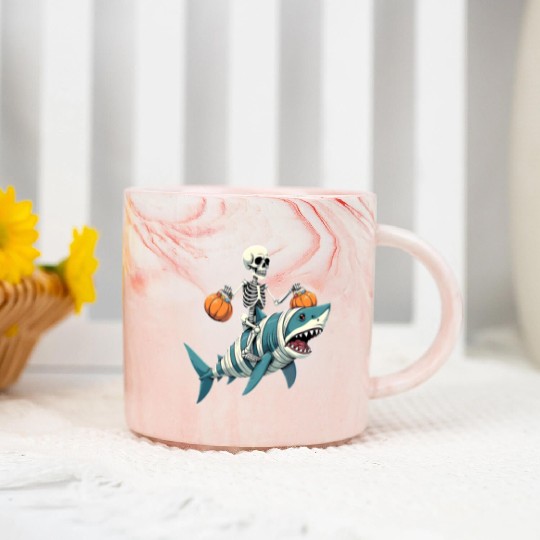 Skeleton Riding Shark Mummy Funny Halloween Marble Mugs