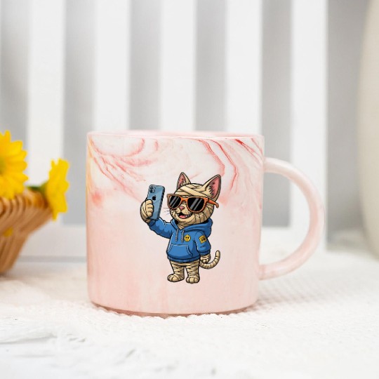 Cool Cartoon Cat Mummy Taking a Selfie Marble Mugs