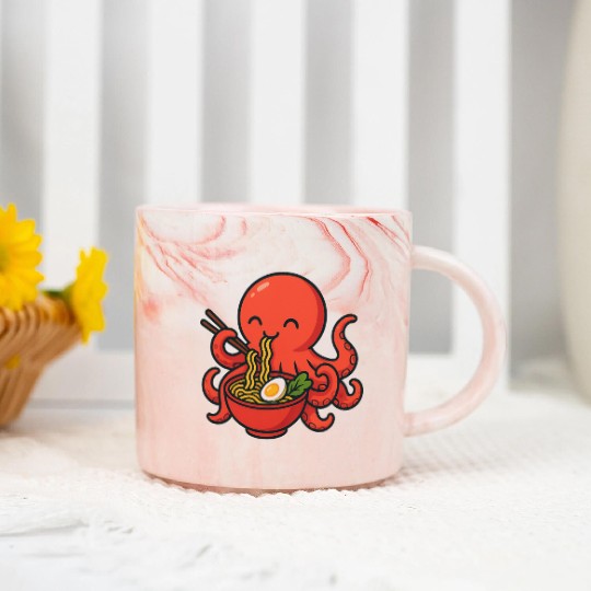 Playful Octopus with Ramen Bowl Marble Mugs