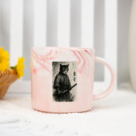 Samurai Cat Warrior Vintage Japanese Art Design Marble Mugs
