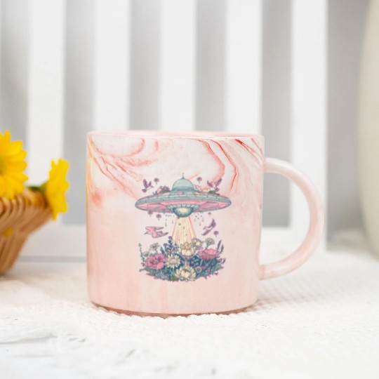 Galactic Blossom UFO Design Marble Mugs