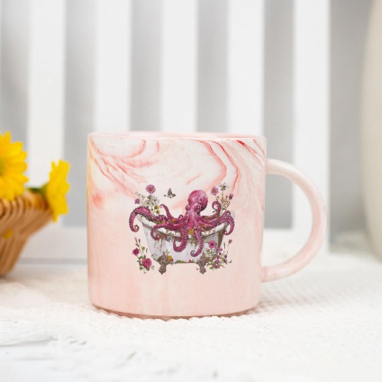 Cottagecore Octopus in Bathtub Vintage Marble Mugs