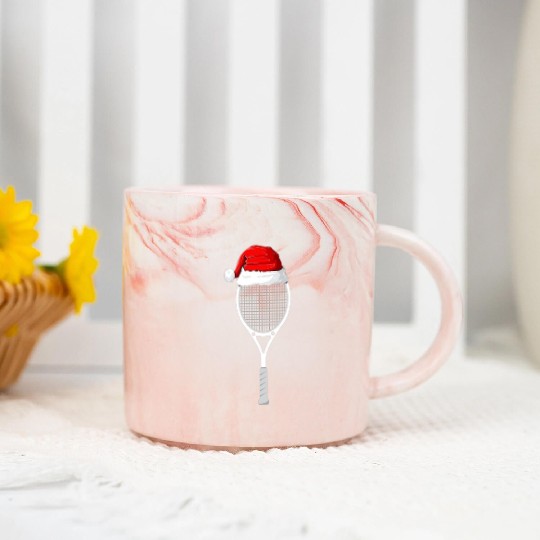 Festive Tennis Racket with Santa Hat Marble Mugs