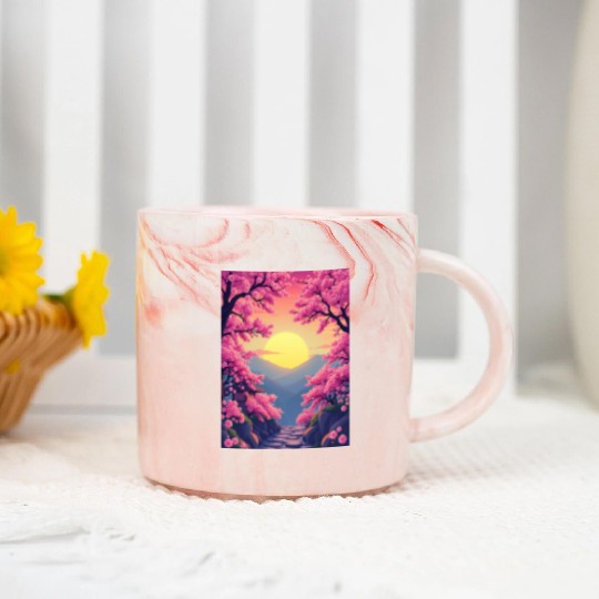 Cherry Blossom Sunset Path Marble Mugs