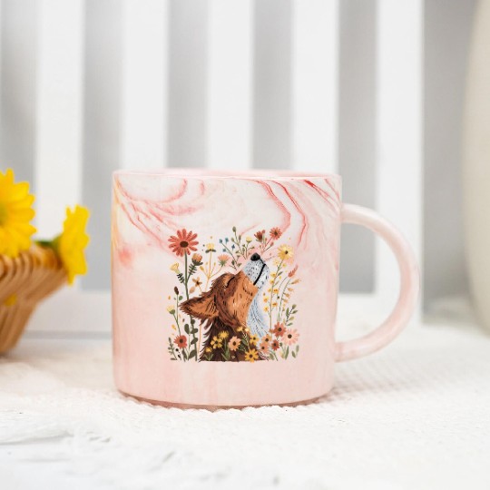 Serene Howling Wolf Amid Floral Bloom Marble Mugs
