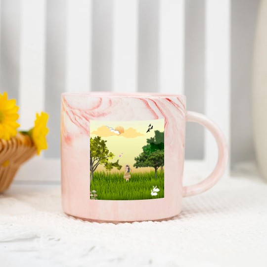 Serene Forest Girl with Bunny and Birds Marble Mugs