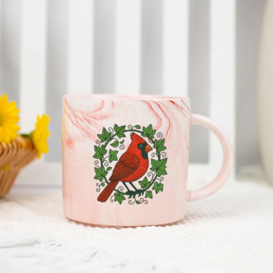 Vibrant Cardinal Amidst Ivy Leaves Marble Mugs