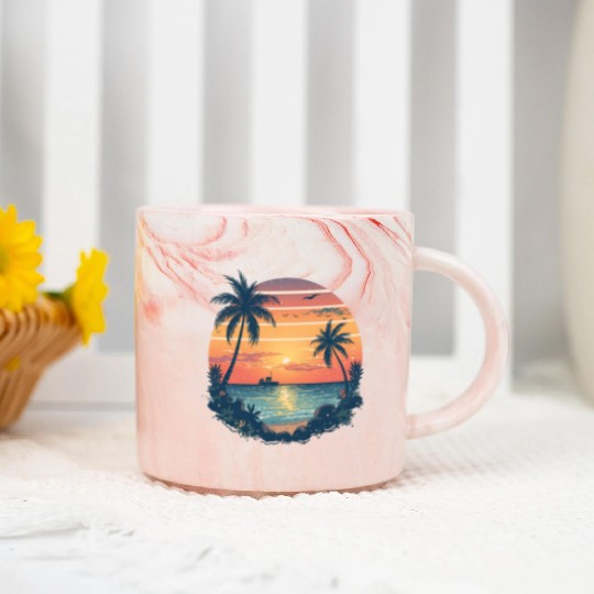 Sunset Ocean Scene with Palm Trees Marble Mugs