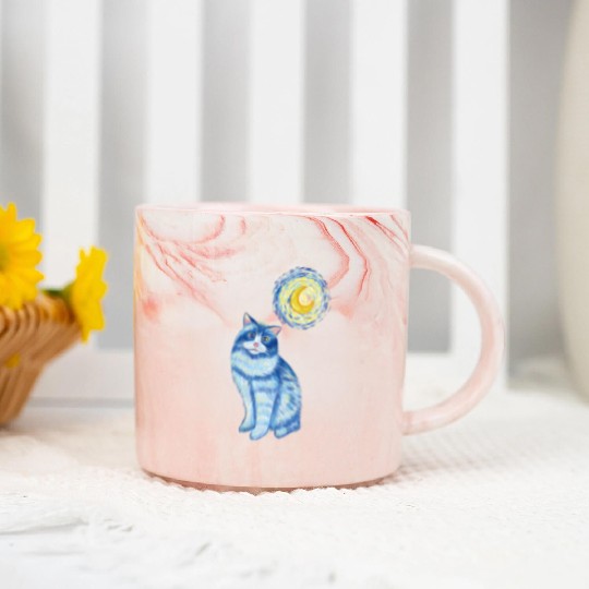 Blue Van Gogh Starry Night Ragdoll Cat Graphic Marble Mugs