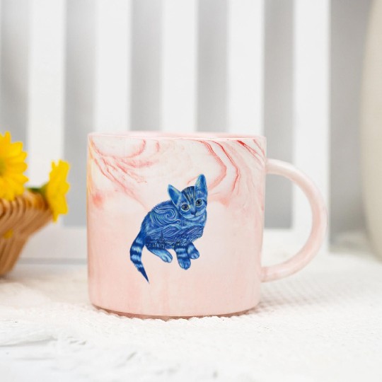Blue Van Gogh Starry Night Bengal Cat Illustration Marble Mugs