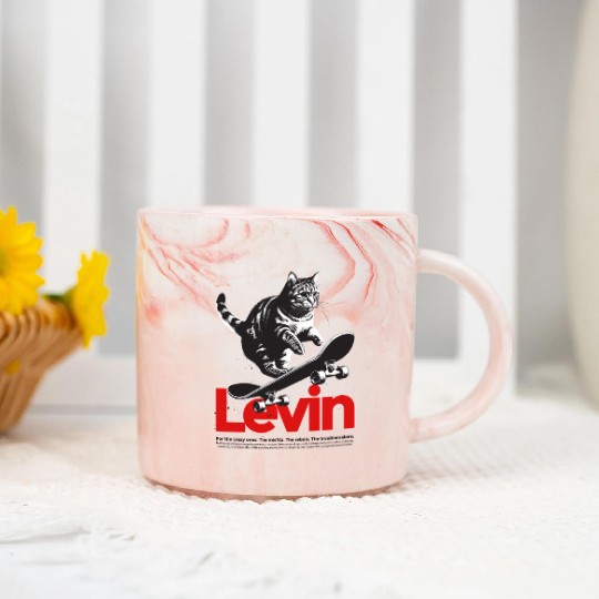 Cool Cat Skateboard with cute Boy Name LEVIN Marble Mugs