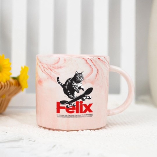 Cool Cat Skateboard with cute Boy Name FELIX Marble Mugs