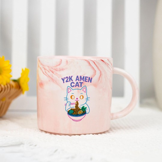 Y2K Ramen Cat – Retro Neon Anime Noodle Lover Desi Marble Mugs