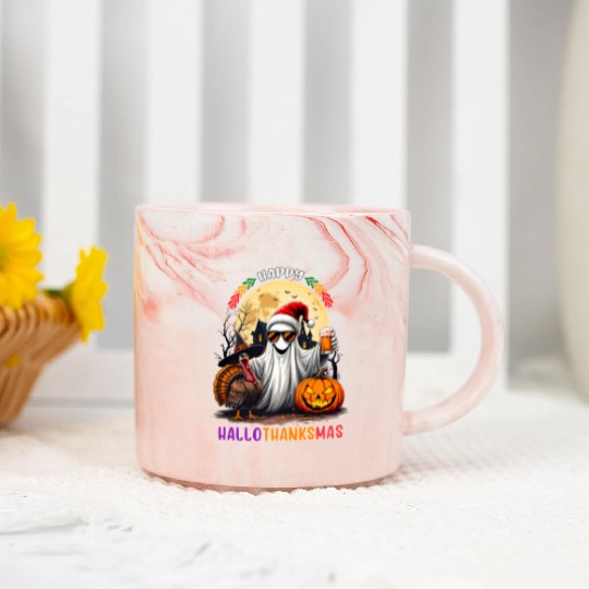 Happy Hallothanksmas Halloween Thanksgiving Xmas Marble Mugs
