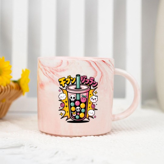 Kawaii Skull Bubble Tea Design Marble Mugs