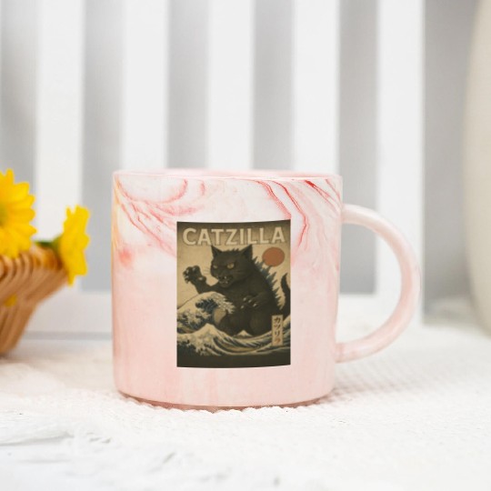 Ukiyo-e Catzilla Retro Japanese Monster Cat Marble Mugs