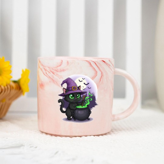 Enchanting Witch Cat Under Full Moon Marble Mugs