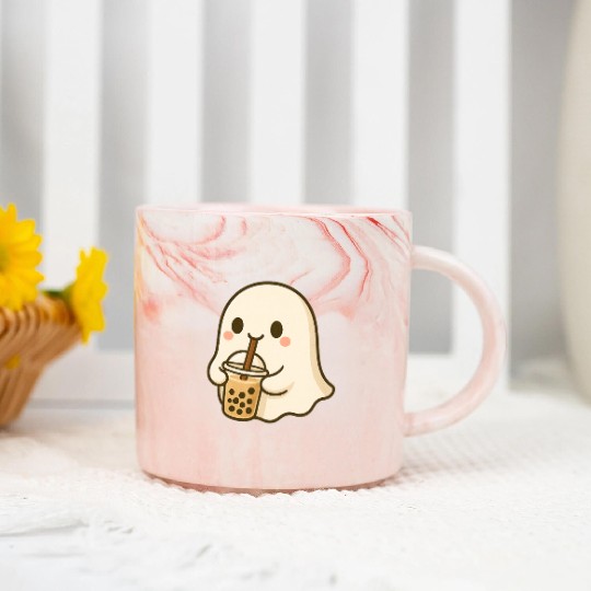 Cute Ghost with Bubble Tea Design Marble Mugs