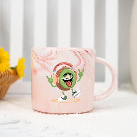 Playful Kiwi Cartoon with Headphones Marble Mugs