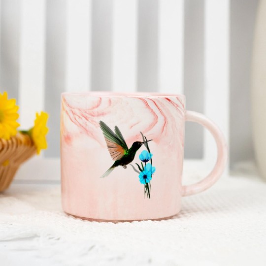 Green Hummingbird-Blue Flowers Marble Mugs